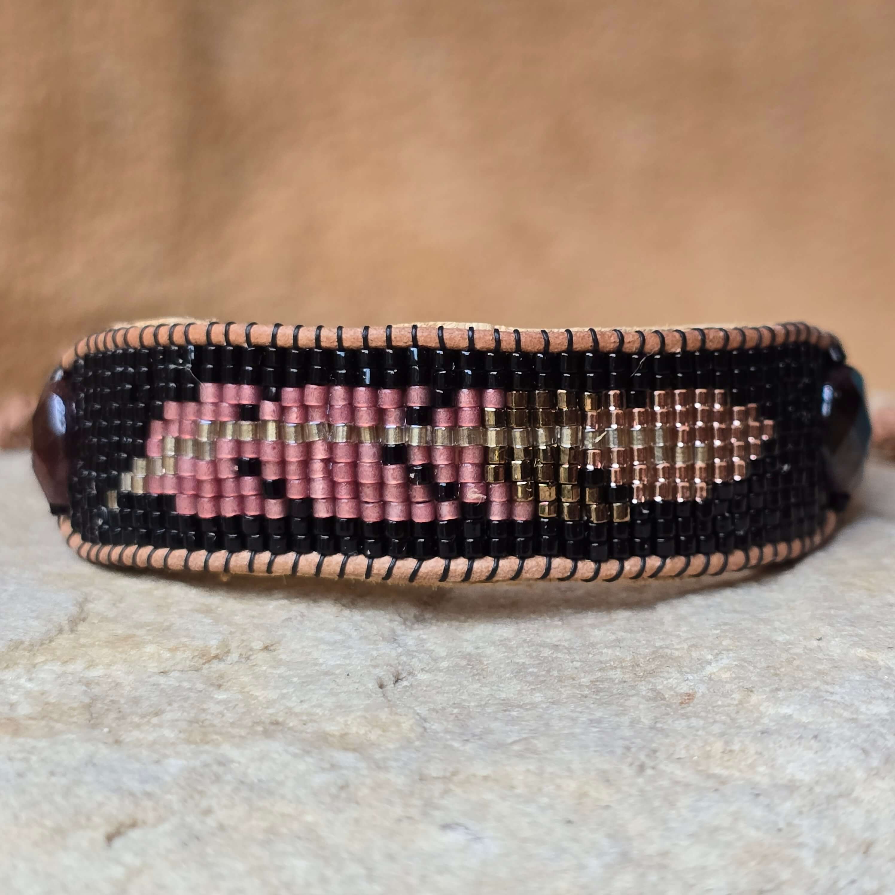 Rooted Radiance  Feather Garnet Medium Beaded Cuff Bracelet