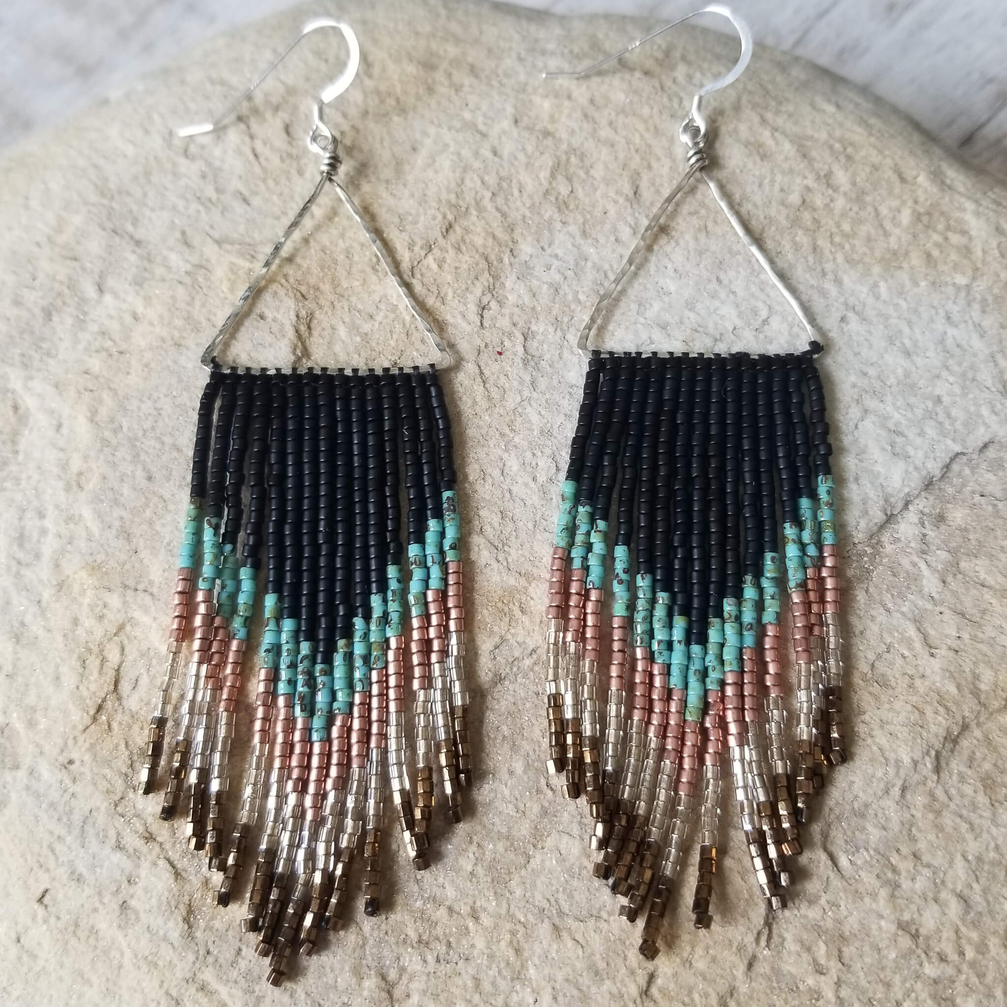 midnight patina sterling silver triangle fringe earrings